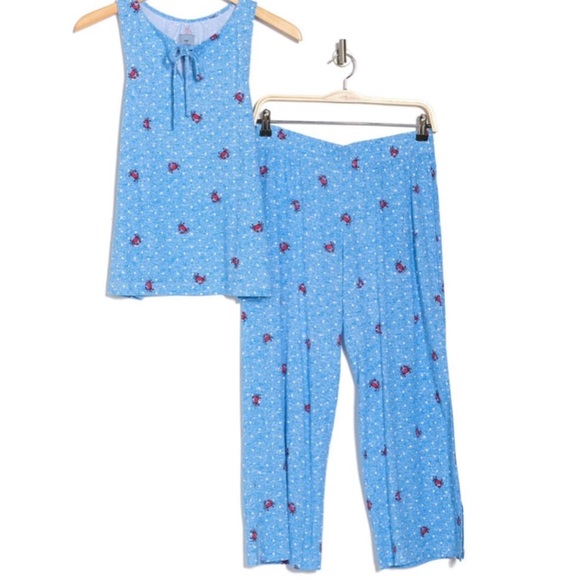 Jane and Bleecker Pajama Set Light Blue Red Crabs PJ Tank Cropped Capri Coastal - Picture 3 of 4